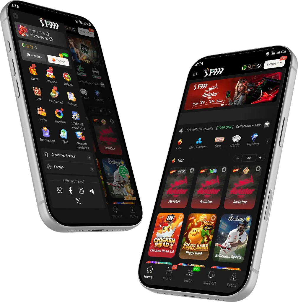 P999 Game app home screen showing Aviator, Chicken Road, Piggy Bank, and sports games
