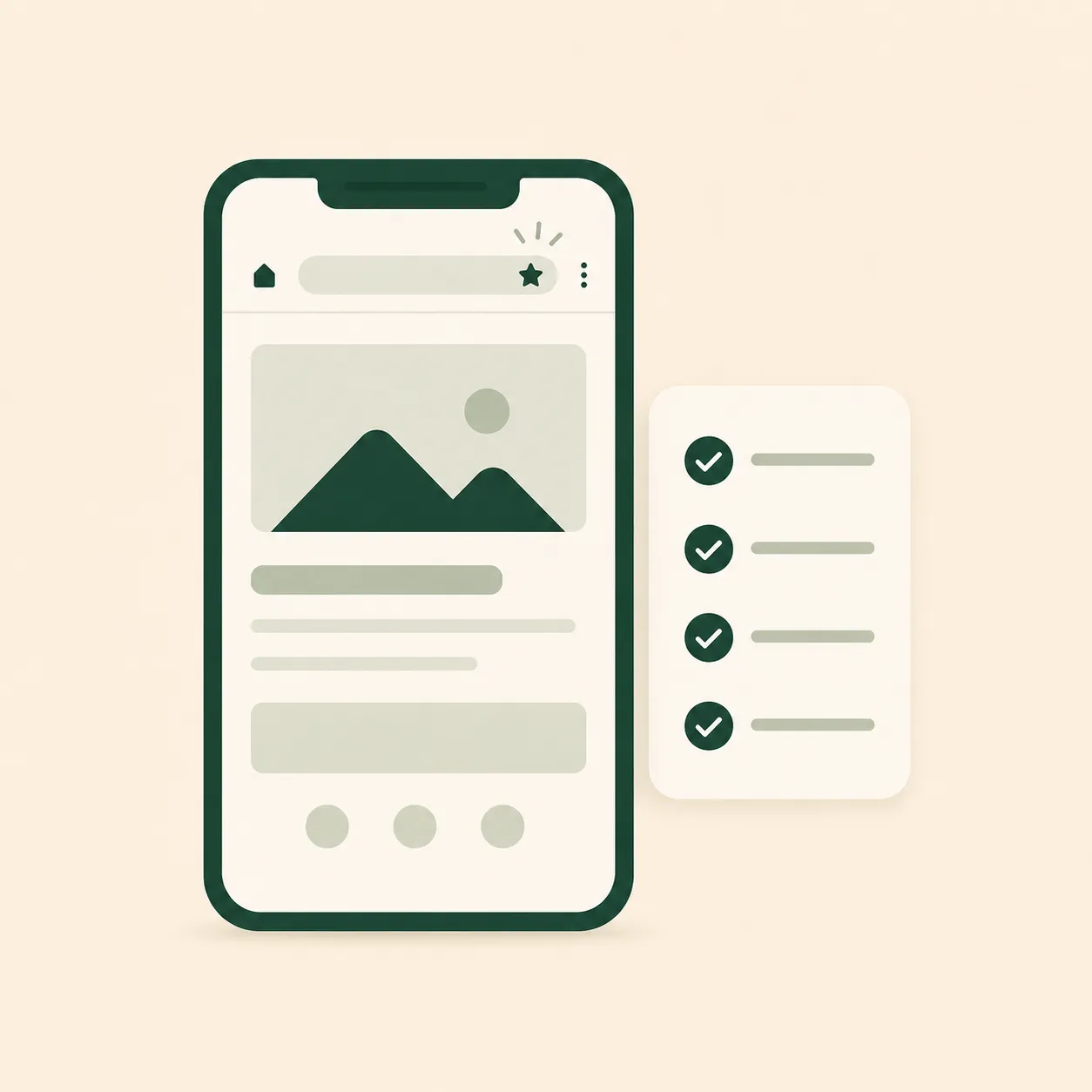 Phone showing a bookmarked, verified website next to a checklist icon