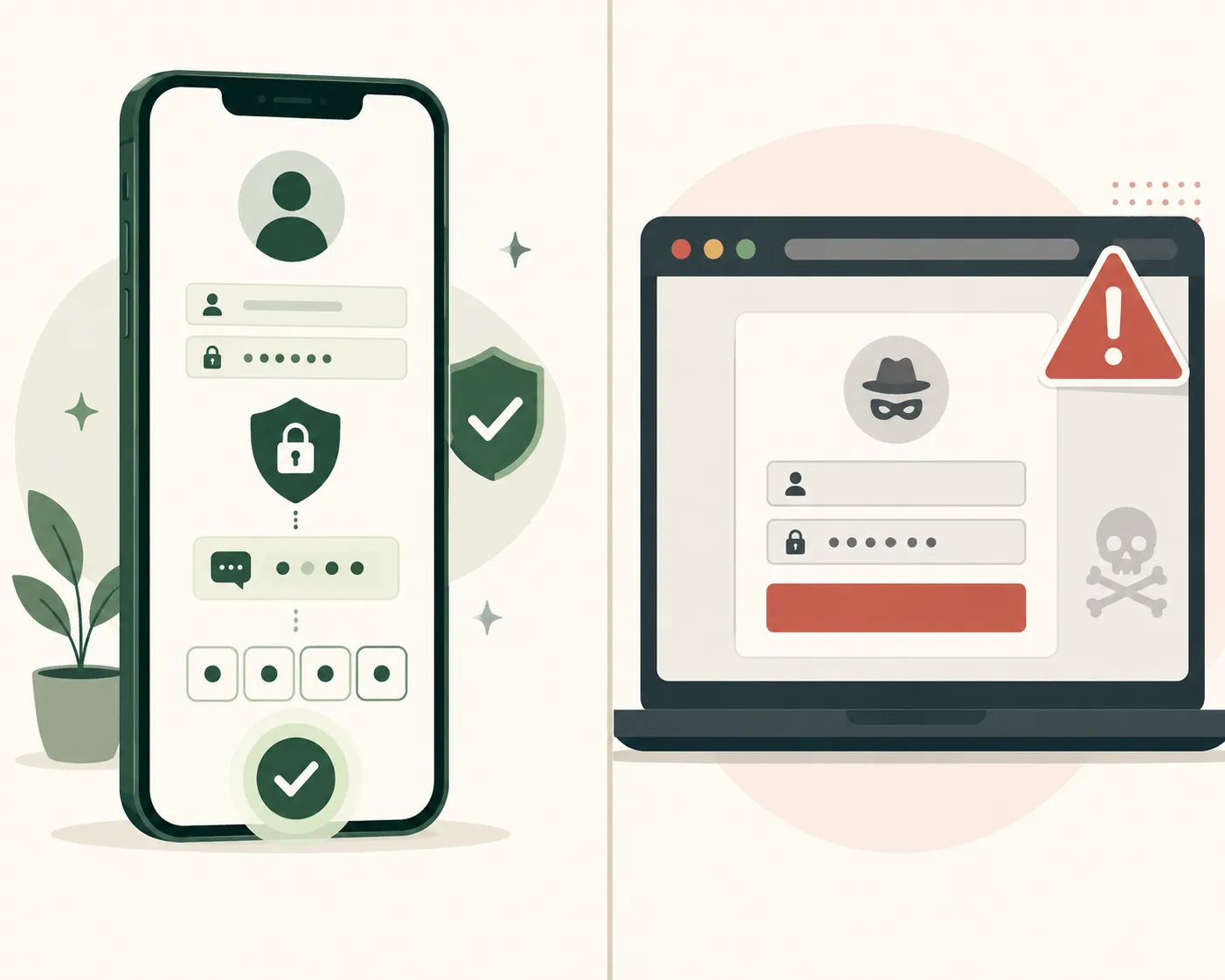 Side-by-side comparison graphic showing signs of a genuine app login versus a fake login page