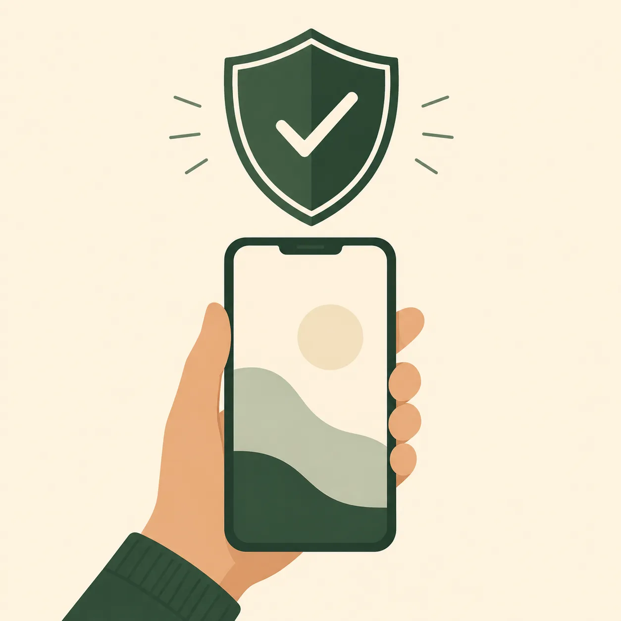 Illustration of a hand holding a phone with a shield icon representing account safety while playing P999 Game